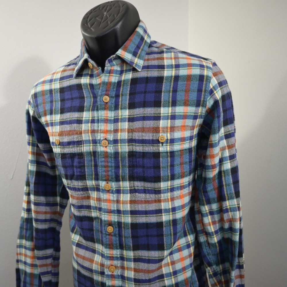 J.Crew Flannel Button Up Mens Small Slim Fit Blue Gray Plaid Pockets